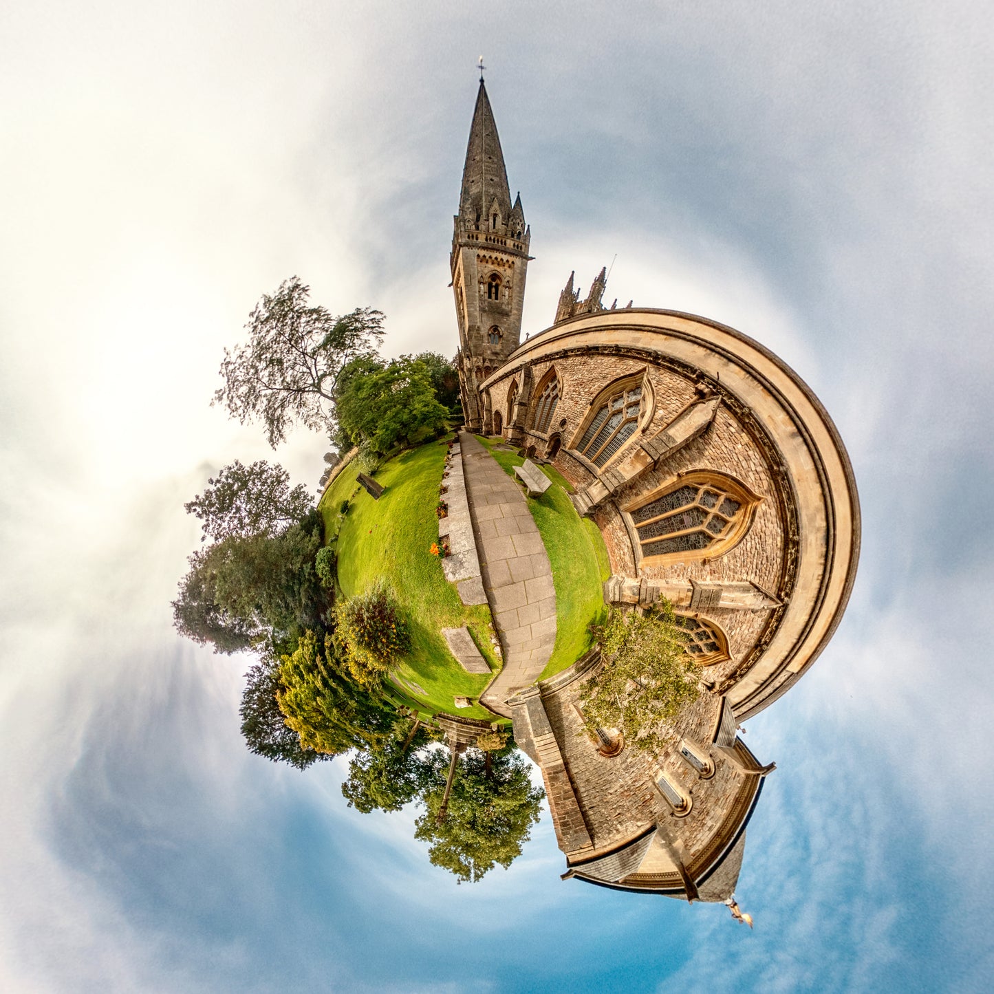 Llandaff Cathedral, Cardiff. Tiny Planet Photograph.