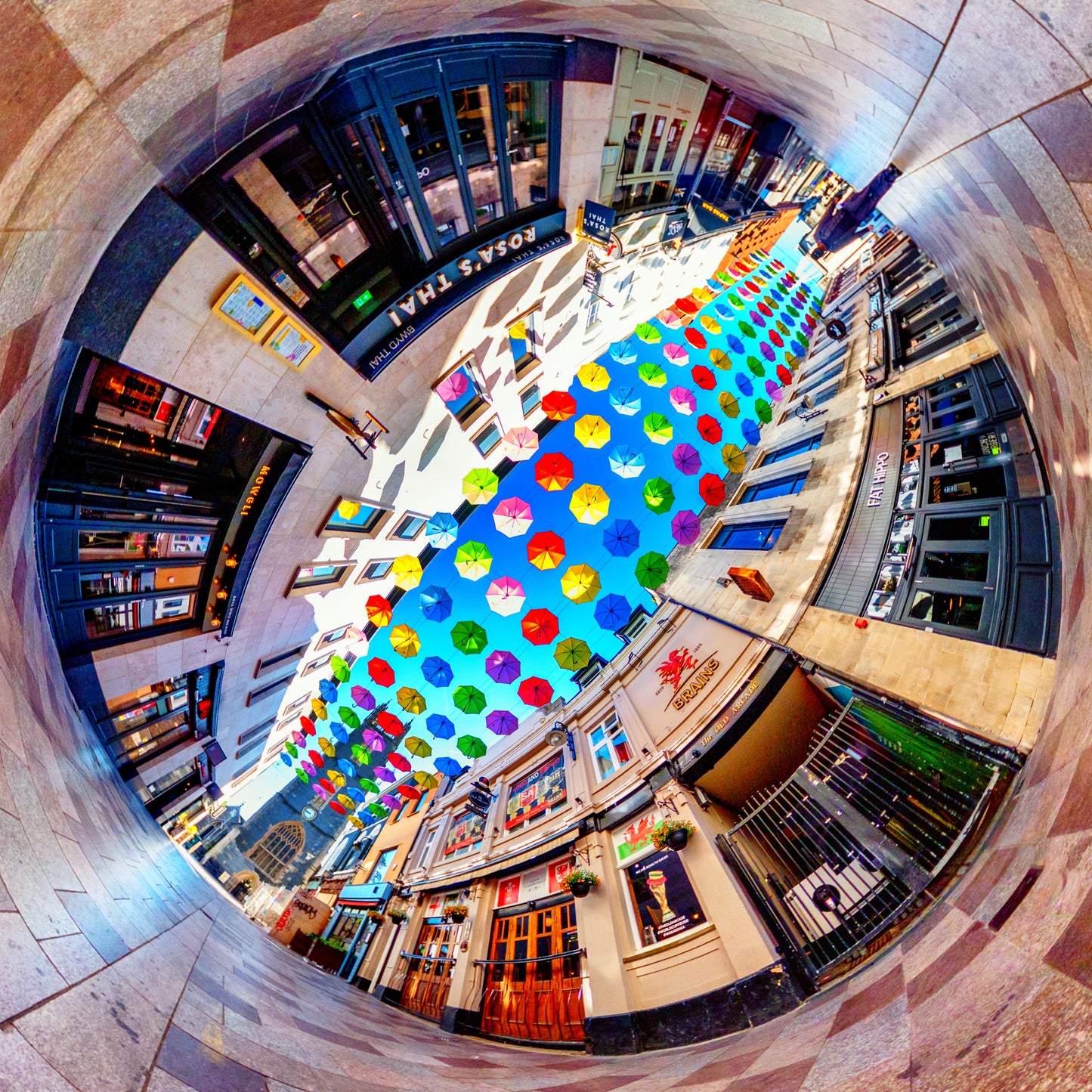 The Umbrellas of Church Street, Cardiff, Tiny Planet Photograph.