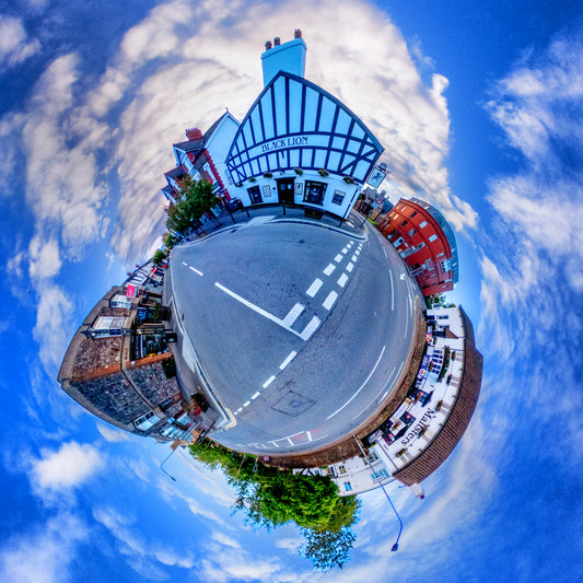 Llandaff High Street, Cardiff. Tiny Planet Photograph.