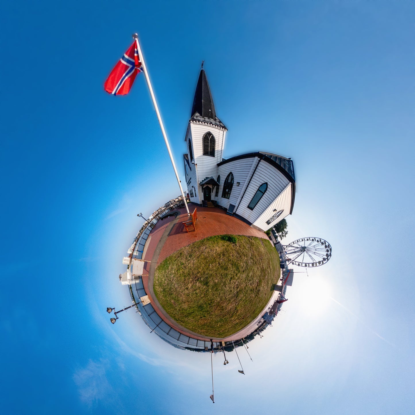 The Norwegian Church Cardiff Bay, Tiny Planet Photograph.