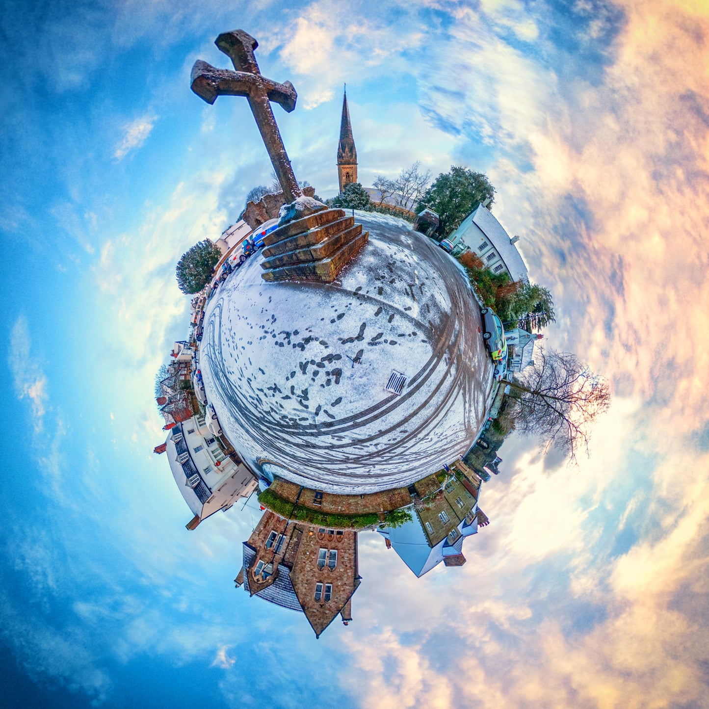 Llandaff in the snow, Tiny Planet Photograph.